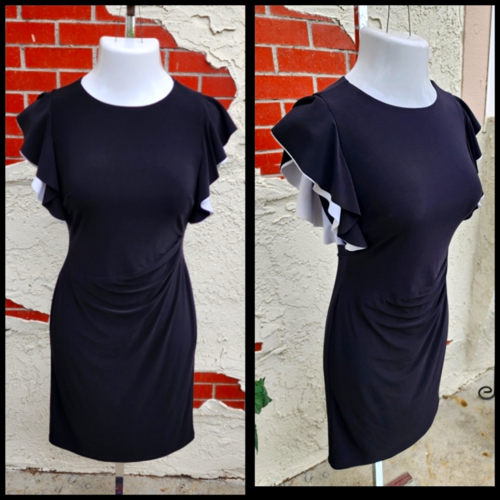 4 women LAUREN RALPH LAUREN black short sleeve flutter sheath dress